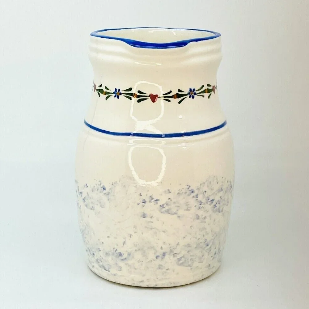 Jo-Chen Blue White Pottery Pitcher Hand Painted Blue Trim Red Hearts USA - Picture 5 of 10